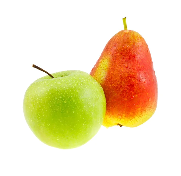 Czerwone i żółte gruszka i jabłko z kropli wody. — Zdjęcie stockowe
