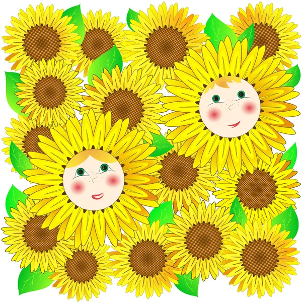 Children and sunflowers. Vector. — Stock Vector
