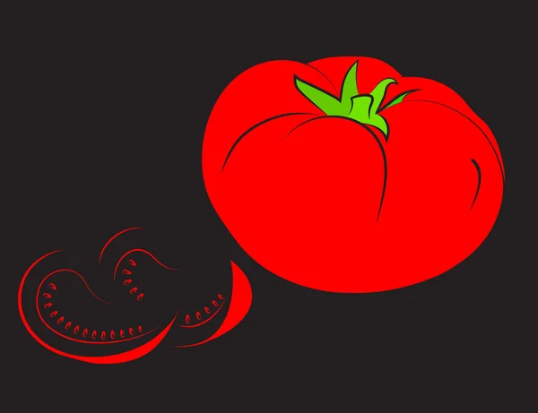 Pomodoro rosso con lobuli su fondo nero . — Vettoriale Stock