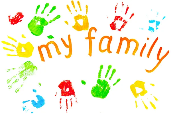 As impressões coloridas das palmas das mãos da família . — Fotografia de Stock