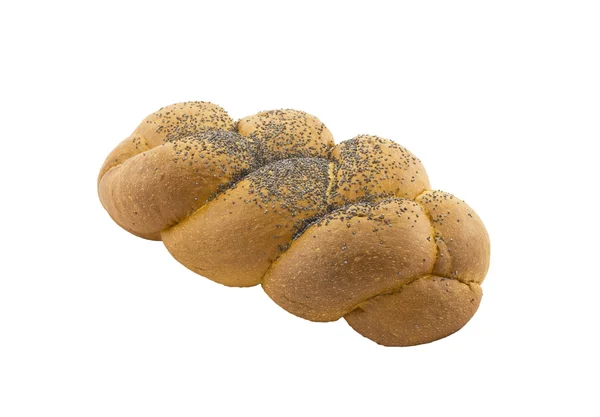 Gustoso panino sotto forma di treccia con un papavero, isolato su un whi — Foto Stock