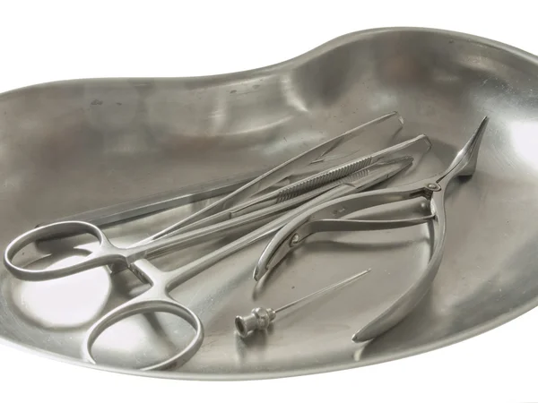 stock image Medical tools in a metal tray.