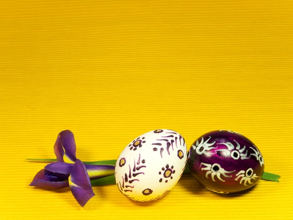 Dva velikonoční vajíčka a iris — Stock fotografie