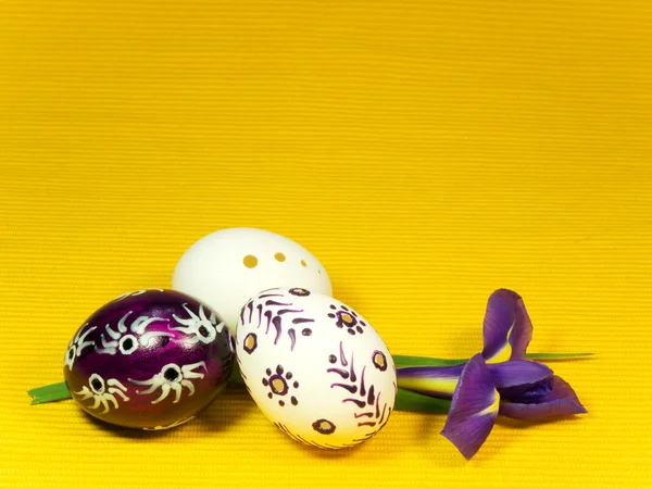 Tři velikonoční vajíčka a iris — Stock fotografie