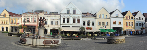 31 AUGUST 2008 - ZILINA, SLOVAKIA -panoramic photo of Zilina's historic square - Marianske namestie.