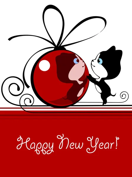 新年のボールと子猫 — ストックベクタ