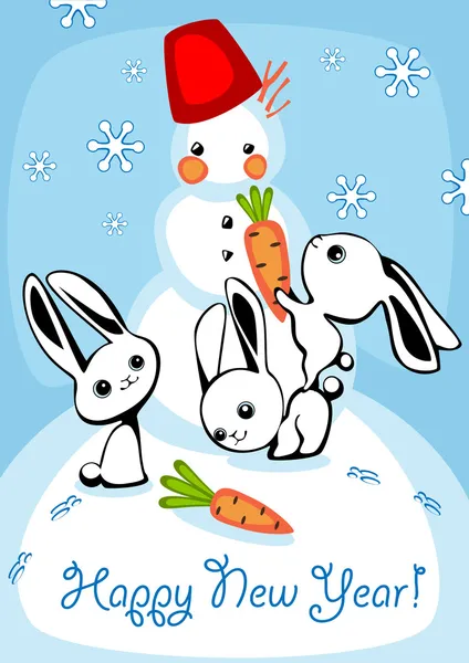 Hares and Snowman — Stock Vector