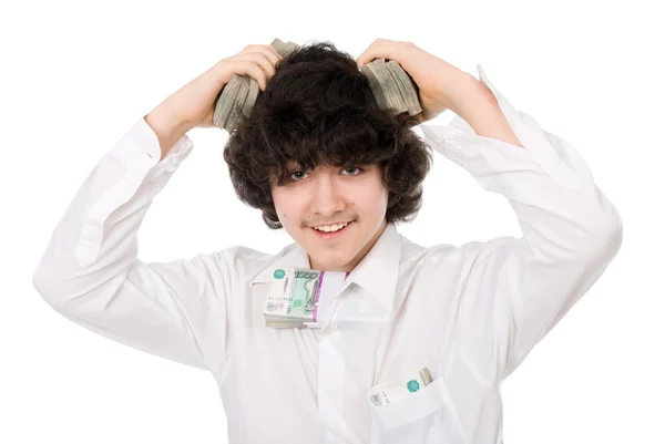 Boy with batch of money on head — Stock Photo, Image