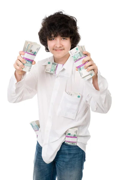 Joven chico sostiene lote de dinero — Foto de Stock