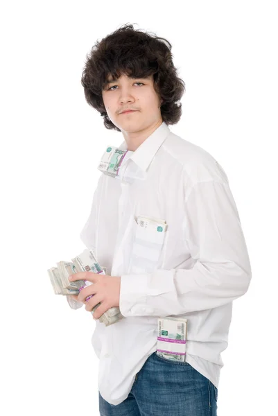 Mladý chlapík drží dávky peněz — Stock fotografie