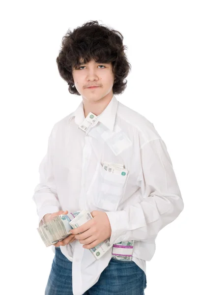 Νεαρός άντρας κατέχει παρτίδα χρήματα — Φωτογραφία Αρχείου