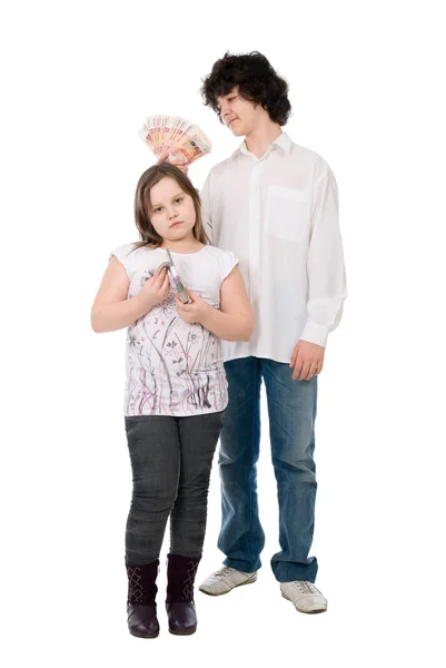 La chica y el chico con billetes monetarios —  Fotos de Stock
