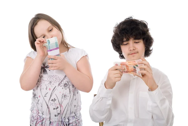 Boy with girl count money — Stock Photo, Image