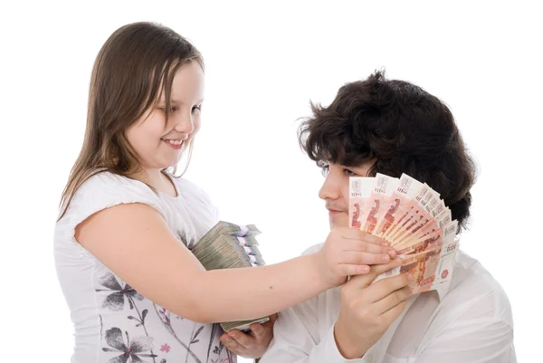 Girl wants to take away money from boy — Stock Photo, Image
