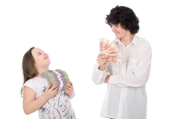 Chlapec a dívka s velkou sumu peněz — Stock fotografie