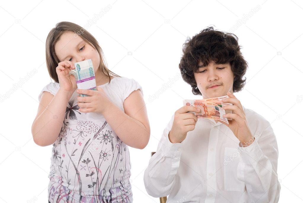 Boy with girl count money