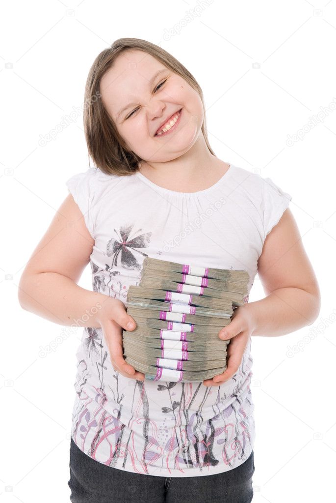 The girl holds a batch of money