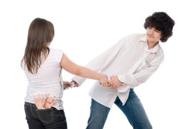 Guy and girl can't divide money clipart