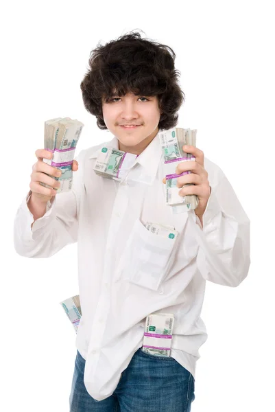 Joven chico sostiene lote de dinero — Foto de Stock