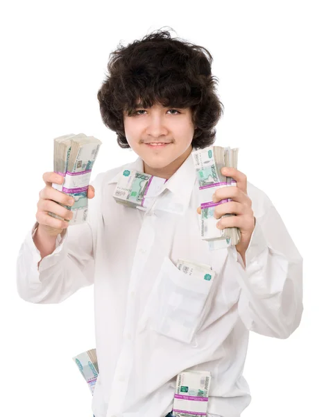 젊은 남자 보유 돈의 배치 — 스톡 사진