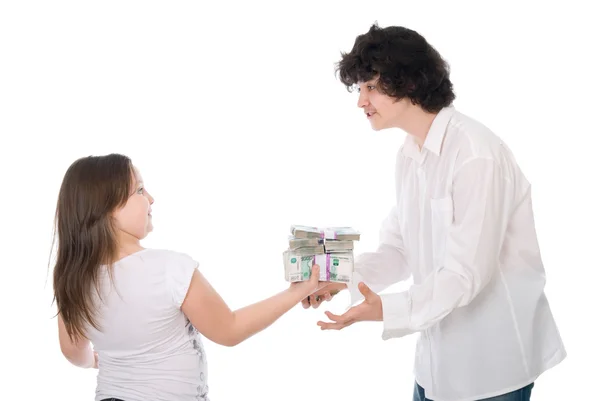 Emotional boy wants to take away money from girl in exchange for — Stock Photo, Image