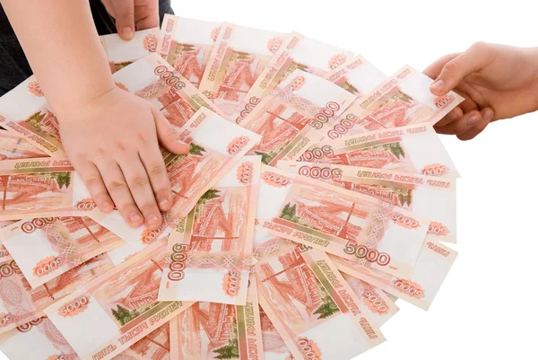 러시아 지폐를 들고 손 — 스톡 사진