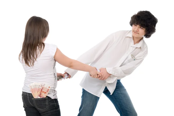Guy and girl can't divide money — Stock Photo, Image