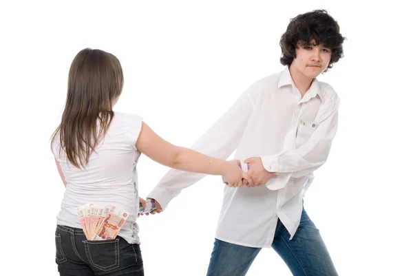 Guy and girl can't divide money — Stock Photo, Image