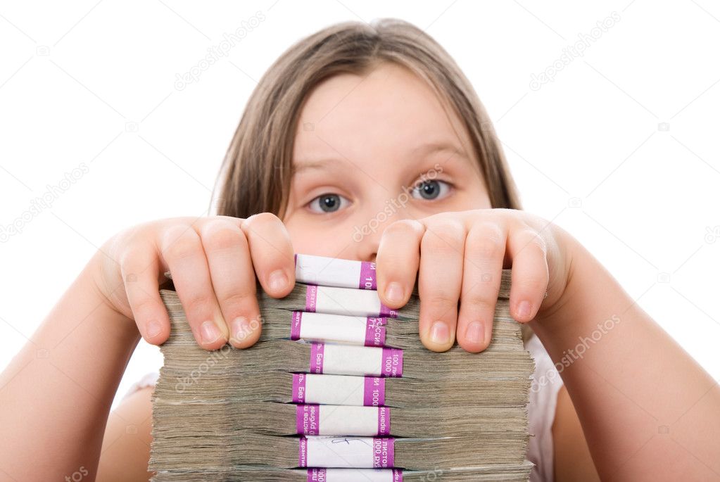 Beautiful girl and pile of money