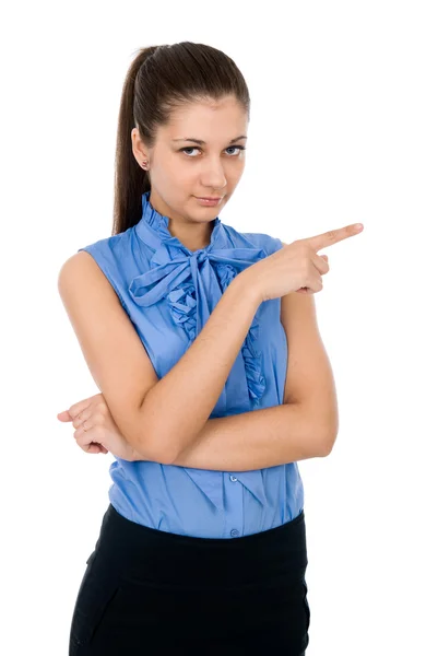 Femme d'affaires pointant son doigt sur l'espace de copie vide — Photo