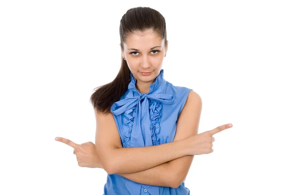 Beautiful business woman pointing with both hands — Stock Photo, Image