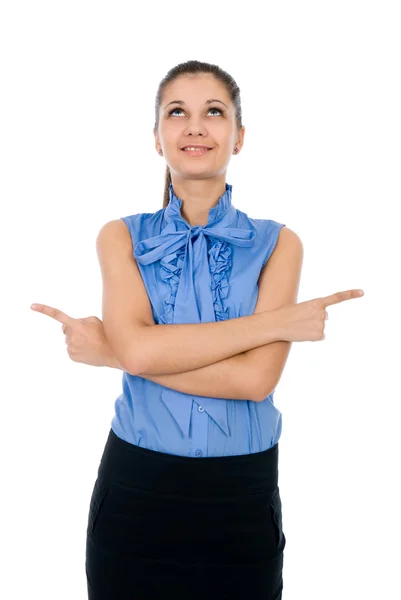 Vacker affärskvinna pekar med båda händerna — Stockfoto