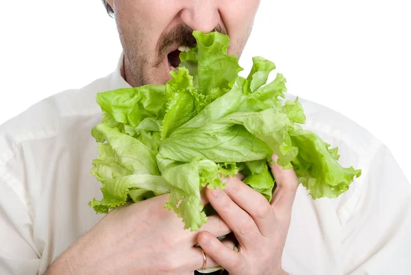 stock image Man eats sheet of the salad