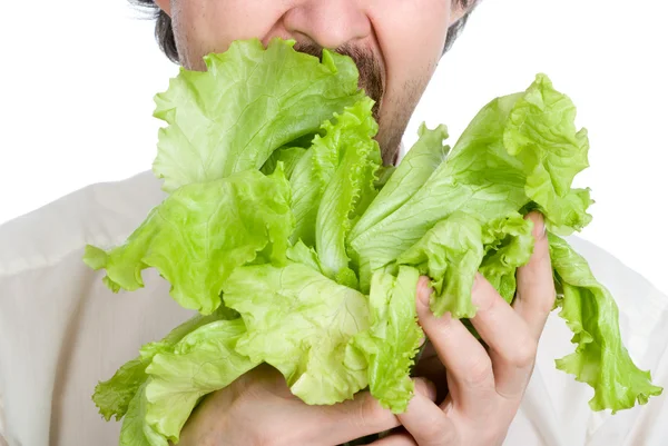 Homem come folha da salada — Fotografia de Stock