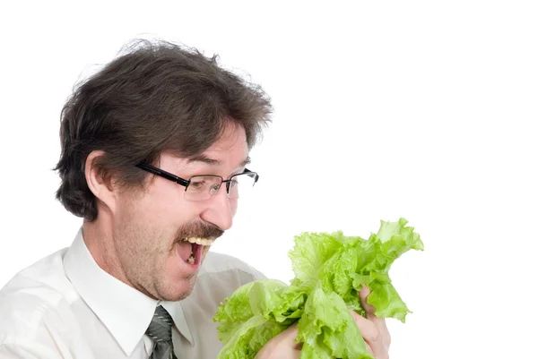 Mann freut sich über Salatblatt — Stockfoto
