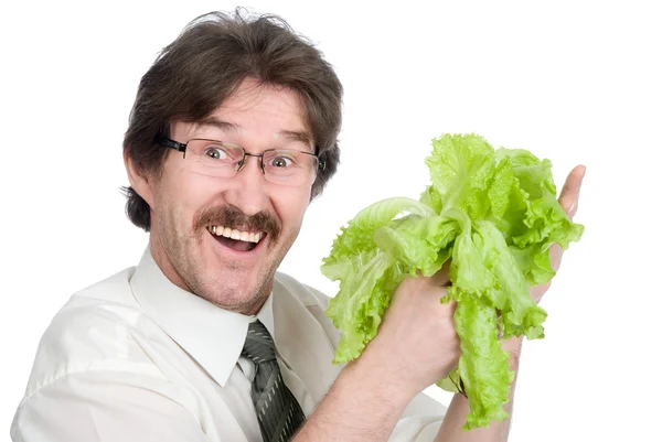 L'uomo si rallegra il foglio dell'insalata — Foto Stock