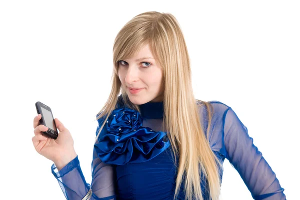 Belle blonde dans une robe bleue avec téléphone — Photo