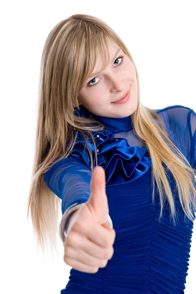 Portrét atraktivní mladé ženy ukazující palec nahoru — Stock fotografie