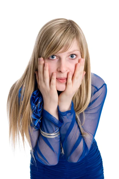 Shocked or surpised young woman with long blond hair, covering h — Stock Photo, Image