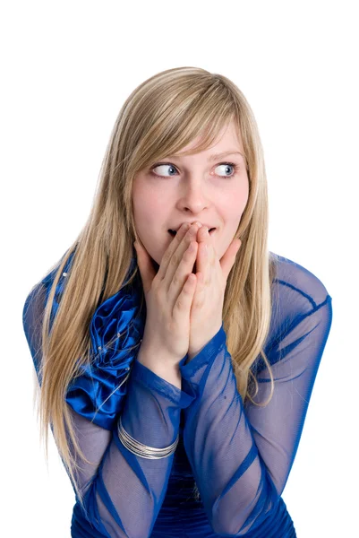 Shocked or surpised young woman with long blond hair,covering he — Stock Photo, Image