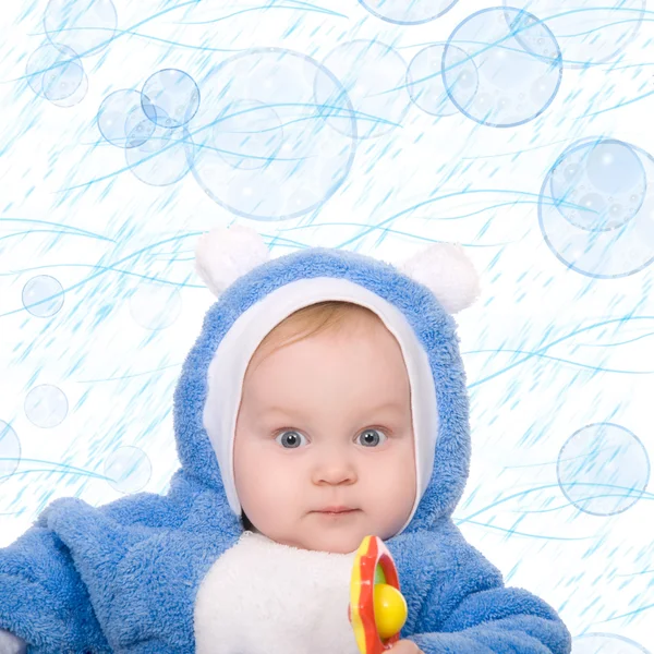 Milý chlapeček s teplou modrý kabát — Stock fotografie