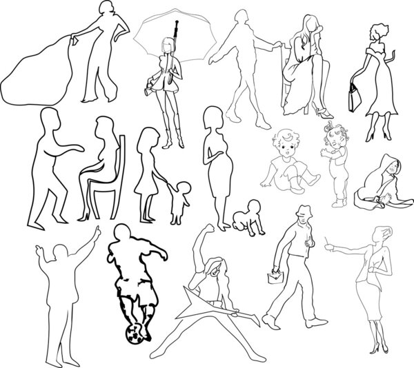 Set of different contours, silhouettes, images of