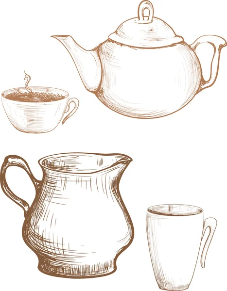 Czajnik i filiżanki herbaty graficzny ilustracja krem Wektory Stockowe bez tantiem