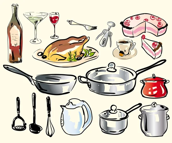 Kuchyňské doplňky vare a nějaké jídlo Stock Ilustrace