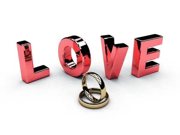 Slovo láska a zlaté prsteny — Stock fotografie