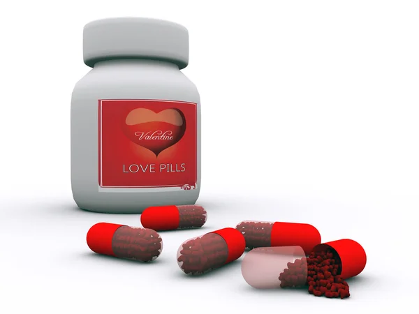 Píldoras de amor de San Valentín rojo aislado 3D renderizado — Foto de Stock