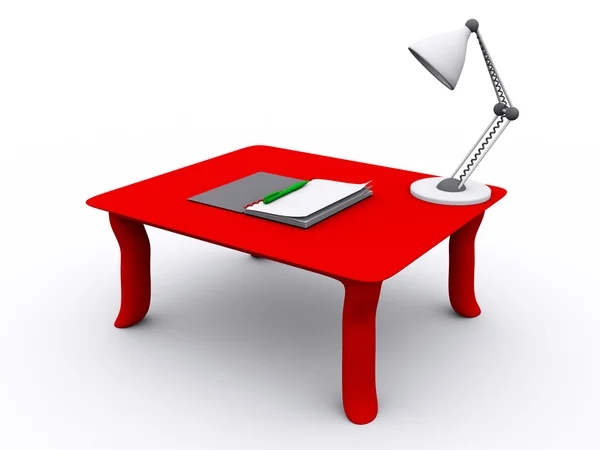 3D utsmält isolerade tabel med anteckningsboken och lampa — Stockfoto