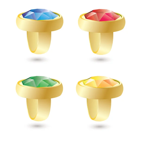 Vektorové izolované zlaté prsteny s barevné drahokamy — Stockový vektor