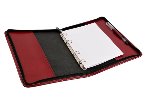 Röd läderklädsel notebook med svartvit kopia utrymme — Stockfoto