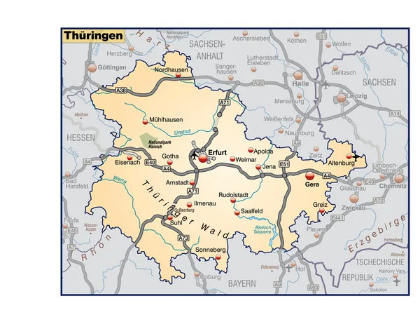 Thüringen als Umgebungskarte in orange — Stockový vektor